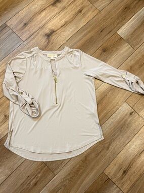 Michael Kors Light Beige Zip-Front Roll-Tab Sleeve Tunic